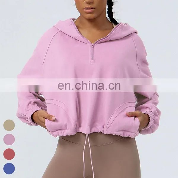 Drawstring Hem Yoga Jacket Loose Casual Running Coat Half Zipper Sports Jackets Long Sleeve Gym Fitness Hoody Women Yoga Jacket photo-4