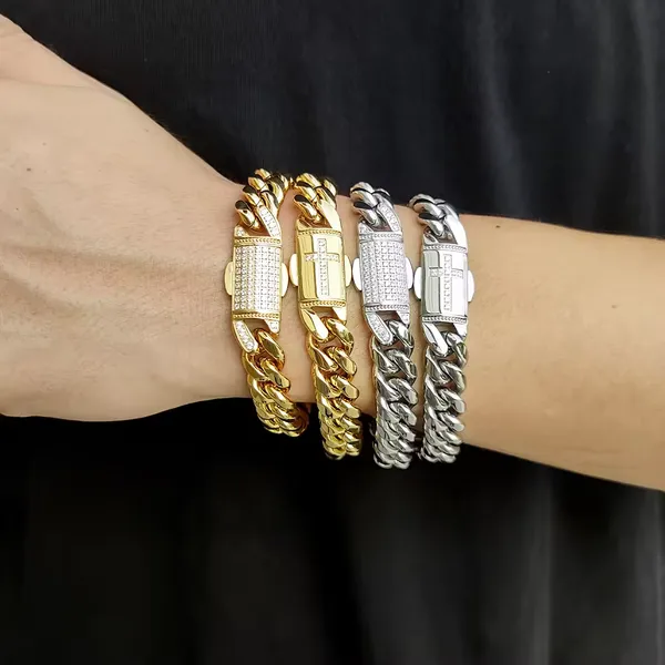 Pulsera De Acero Hombre Hip Hop Stainless Steel Luxury Cuban Jewelry CZ Diamond Bracelets photo-2