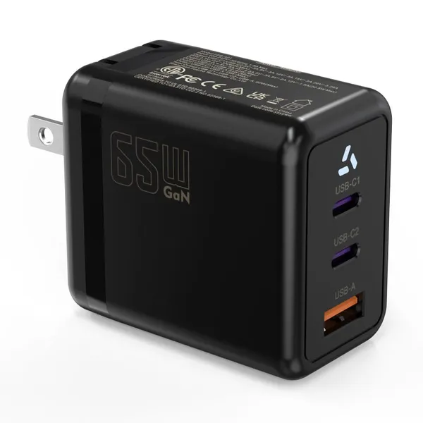 Compact 65W GaN USB-C Wall Charger With Dual USB-C Ports and USB-A Fast Charging Adapter With CE UKCA ETL SAA