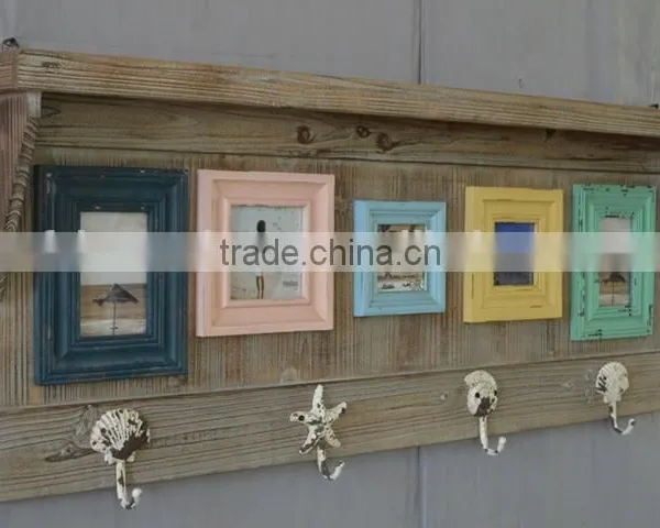 Antique Wooden Wall Shelf With Colorful Photo Frame & Oceanic Metal Hangers photo-2