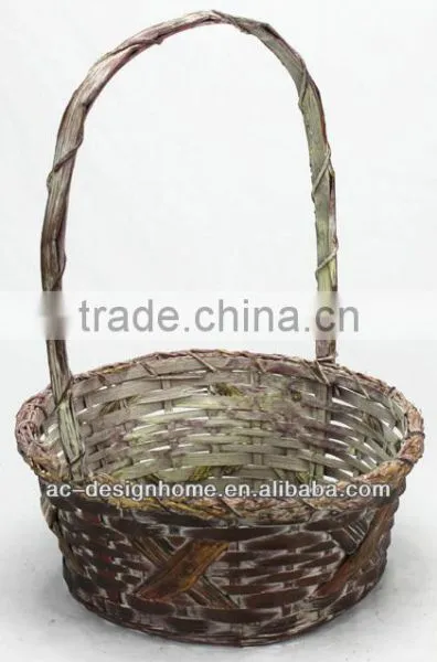 BROWN WASH ROUND BAMBOO CHIP BASKET W/HANDLE