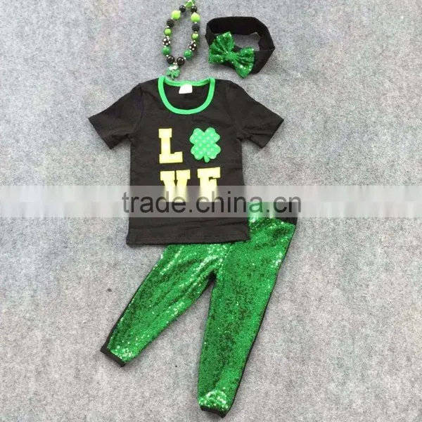 2016 New Baby St.Martin's Day Love Baby Kids St.Patrick Clothing Girls Green Sequins Pants With Matching Accessories