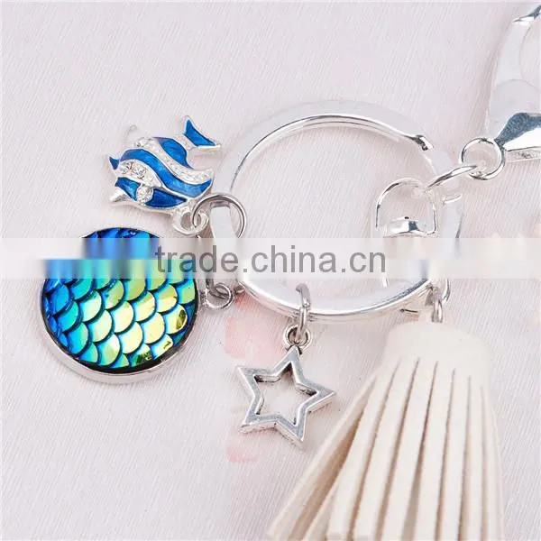 Off-white & Blue AB Color Tassel Star Clear Rhinestone Fish /Dragon Scale Keychain photo-3