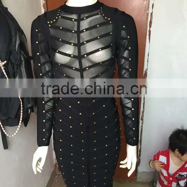 Summer Dress Army Green Black Long Sleeve Mesh Sey Party Women Beading Bandage Dress Bandage Bodycon Women Wearing photo-2