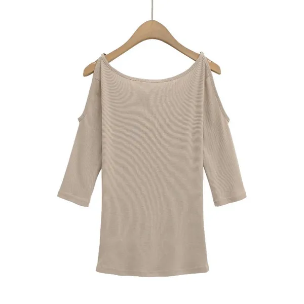 Summer New Fashionable Casual V-neck off Shoulder Design Slim Fit Top Solid Color Mid Sleeve T-shirt photo-4