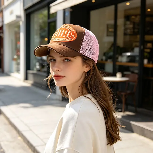Gebogene Krempe Trucker Mesh Cap mit bedrucktem Logo-Patch, atmungsaktiv und lässig