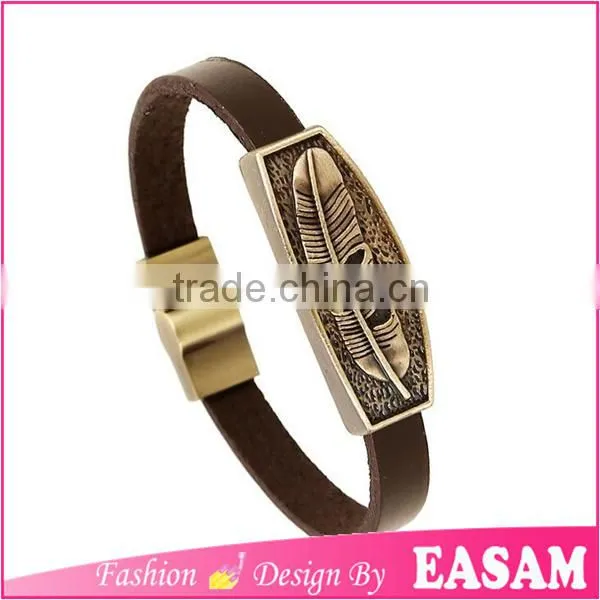 Fashion Alloy Jewelry Bracelet Leaf Debossed Vintage Metal Magnetic Leather Bracelet