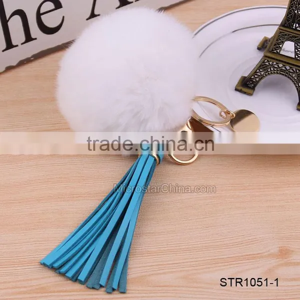 Custom Logo Genuine Leather Tassel Rabbit Fur Key Chain Pom Pom Fur Keychain photo-3