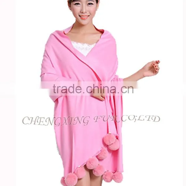 CX-B-P-42D Women Winter Genuine Mongolian Sheep Rabbit Fur Trim Pashmina Shawls With Fur photo-5