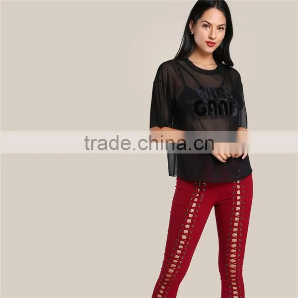 2017 Customized Factory Round Neck Tunic Flock Print Mesh Top