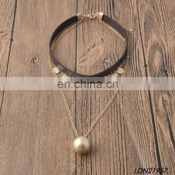Big Gold Pearl Disc Pendant Necklace Black Leather Choker Necklace Sets photo-2