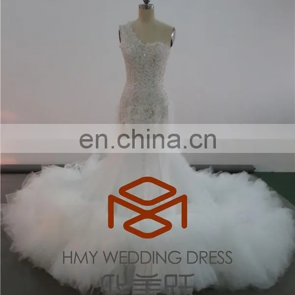 High End Custom HMY-E0085 One Shoulder Lace Bodice Goegeous Wedding Dress With Layered Tulle Royal Train