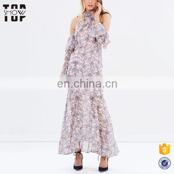 OEM Wholesale Women Clothing Halter Chiffon Maxi Dresses Long Sleeve