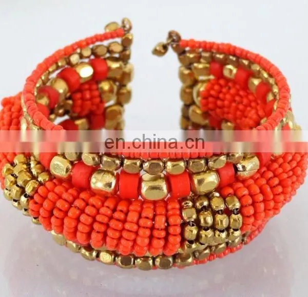 Orange Pearl Beaded Wholesale Fashion Cuff Bracelets-Indian Imitation Costume Cuff Bracelet-party Wear Cuff Bracelet photo-2