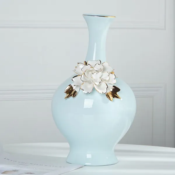 European Modern Simple Art Fresh Fashion Gild Blue Ceramic Plant Vase For Office Decor photo-3