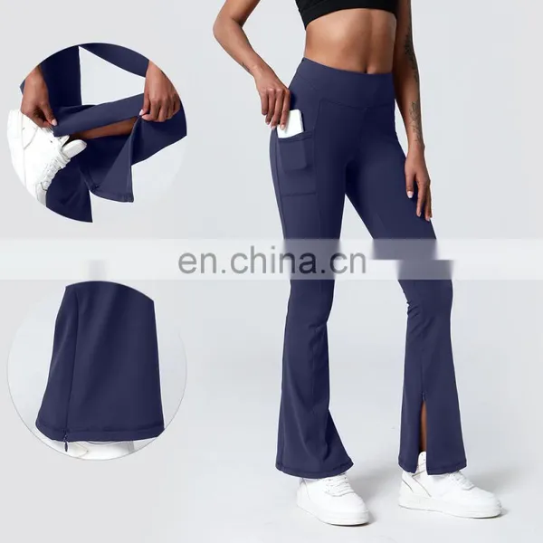 Fashion Morning Glory Design High Waist Gym Wear Bottom Zipper Flares Yoga Pants Leggings With Pockets For Women