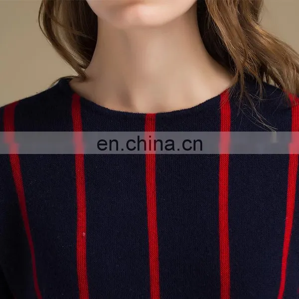 Winter Casual Navy Blue Vertical Stripe Patterned Cashmere Sweater for Women photo-3