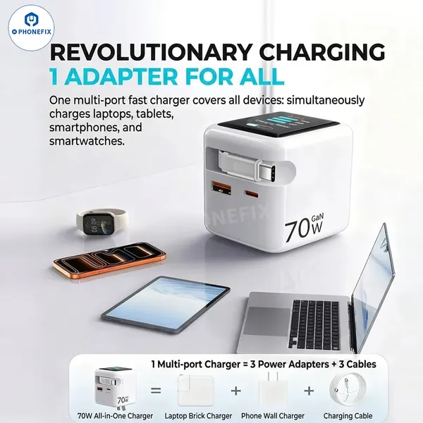 70W GaN Fast Charger With Built-In Retractable Cable & Smart Touch Display