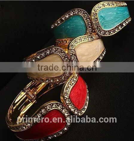 Exaggerate Cuff Bangles Gold Plated Metal Glaze Rhinestones Statement Bracelets photo-2