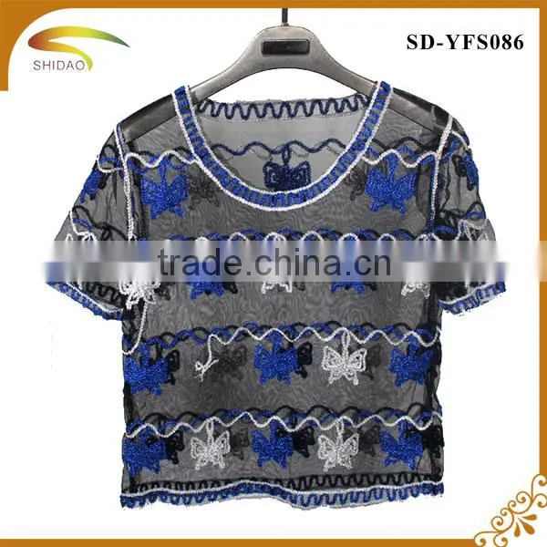 Fashion High Quality Semi Sexy Short Sleeve Embroidery Floral Lace Crochet Blouse photo-3