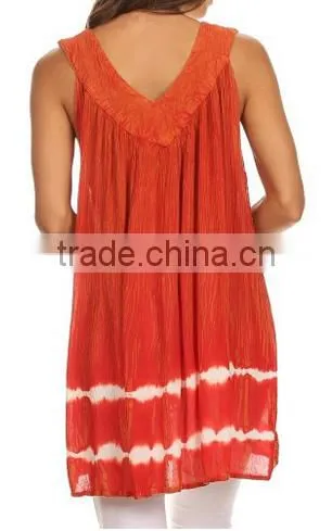 Sequin Embroidered Batik Relaxed Fit Sleeveless V-Neck Top - Burnt Orange - OS photo-2
