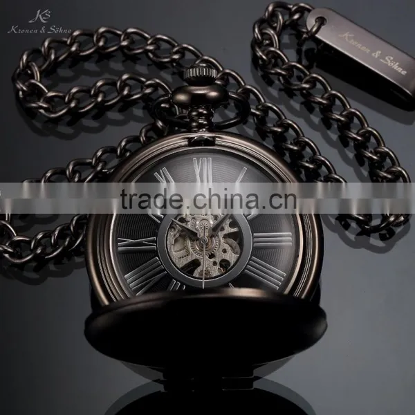 KS Antique Black Skeleton Dial Analog Hand Wind Men FOB Mechanical Pocket Watch photo-4