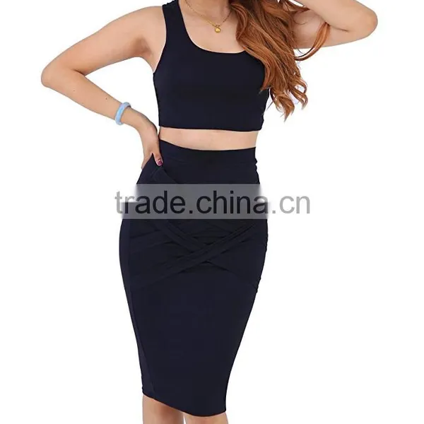 Womens Sexy Crop Top Long Skirt Two Piece Black Club Dress Bodycon Bandage Dress photo-2