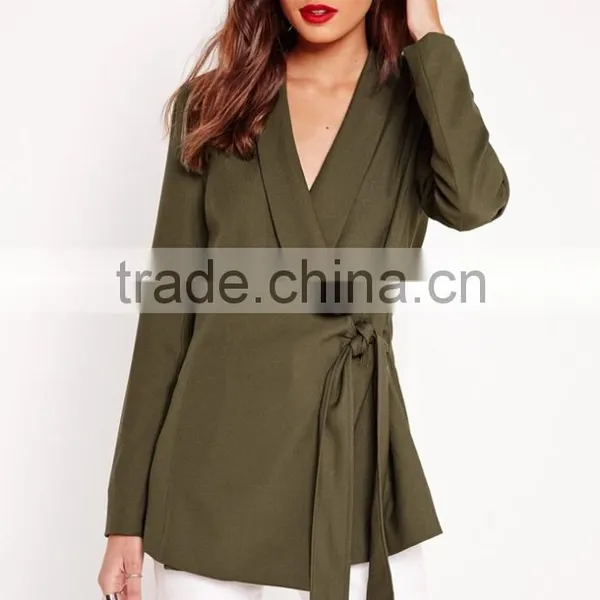 Latest Lady Khaki Tie Front Casual Soft Blazer Elegant Design photo-2