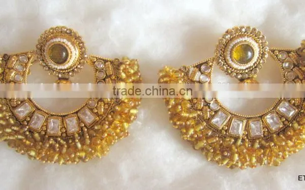 Anarkali Bollywood Beads Polki RAM LEELA Gold Tone Dangler EARRINGS photo-3