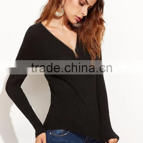 Black V Neck Zipper Ribbed Sweater Cotton Polyester Long Sleeve Pullovers Tight Sweater photo-4