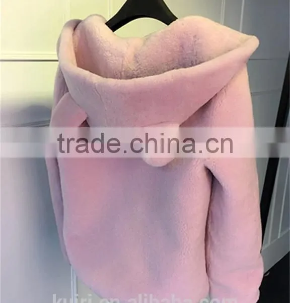 2016 Fashion Lovely Womens Korean Winter Warm Plush Rabbit Ears Hooded Thick Elastic Waist Jacket Ladies Fur Coats photo-5