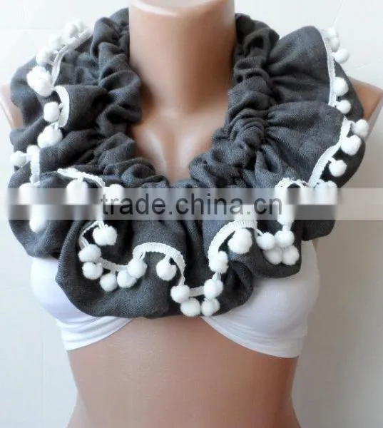 Scarf,Gray Loop Scarf, Ruffle Scarf, Gray Infinity Scarf, Circle, Gray Pashmina,Christmas Scarfs, Pompom Scarf, Fashion,cowl Sca photo-2