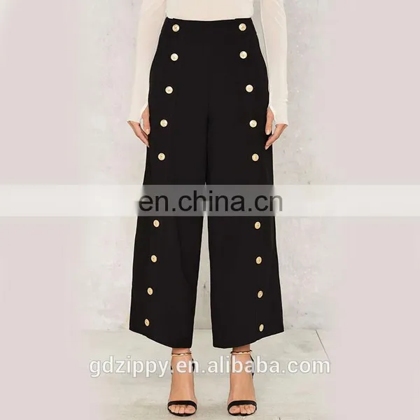 Wide Leg Palazzo Women's Pants With Gold Button Closure photo-4