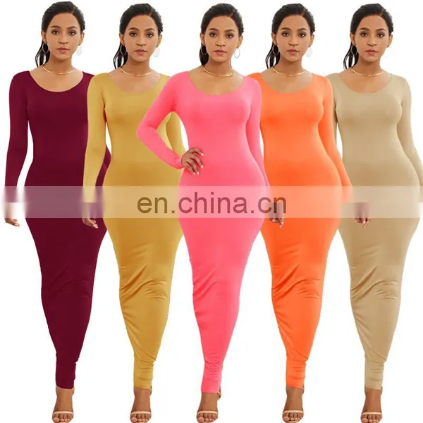 2020 Wholesale Casual Cotton Fall Winter Solid Color Pencil Maxi Dress Long Sleeve Bodycon Dresses Women photo-2