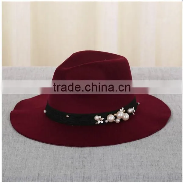 Custom Female Fedora Hat Ribbon Beads Imitation Wool Hat Wide-brimmed For Autumn Winter photo-2