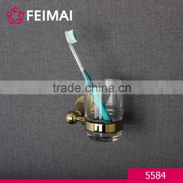 Brass Gold Finished Wall Mounted Single Toothbrush Glass Cup Holder photo-2