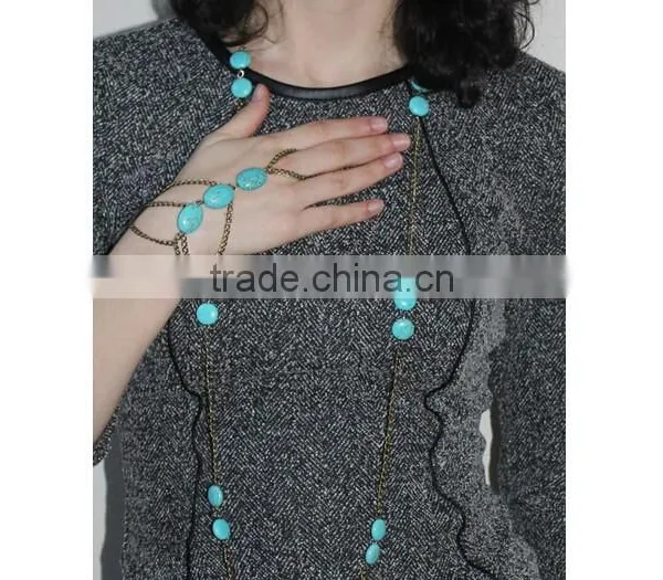 Trendy Boho Finger Ring Turquoise Harness Slave Chain Hand Bracelet photo-3