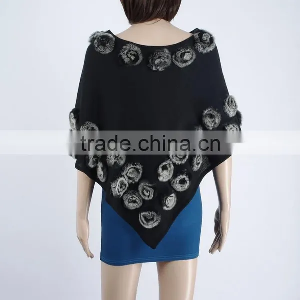 Ladies Wool Knitting Cape With Rabbit Small Flowers,KZ150018 photo-3