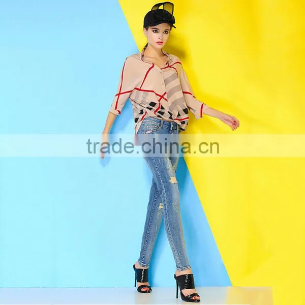 Two Color 3/4 Sleeve Fashion Design 2015 New Design Chiffon Ladies Blouse photo-2