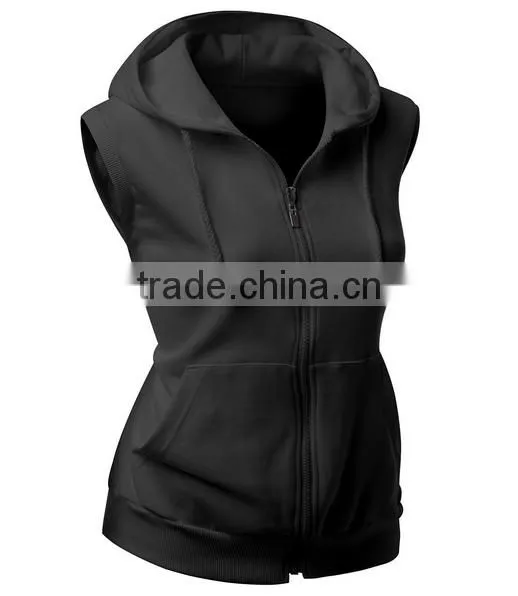 OEM New Design Cotton Plain Wholesale Sleeveless Hoodie Womens Fashion Vests With Zip photo-3