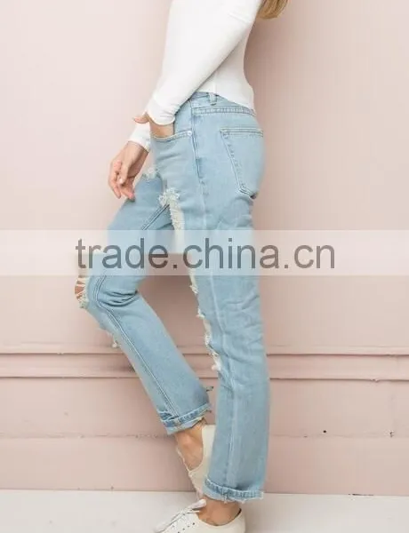 Runwaylover Custom Newest Fashion Stretch Blue Holes Denim Jeans Women Negotiate Price photo-4