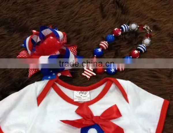 2015 Hot Sell Baby Girl July 4th Bowknot Romper With Matching Bow and Necklace photo-2