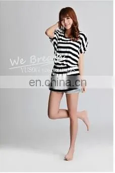 Tighten up Waist Long T-shirt Home Wear Blouse Bamboo Stripes