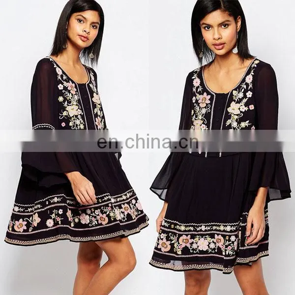 Europe Black Embroidery Loose Women Casual Dresses Latest Dress Designs