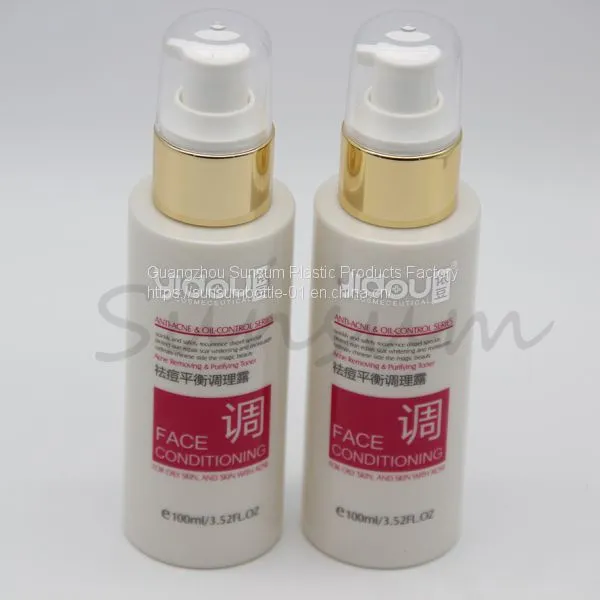 Screen Printing Handling 100ml Plastic Cosmetic Lotion Bottle With Golden Pump photo-3