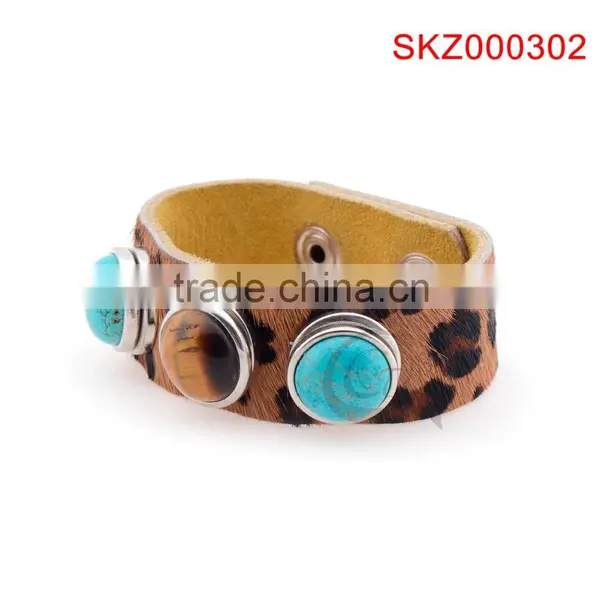 2015 New Products Leather Snap Botton Natural Stone Bracelet photo-3