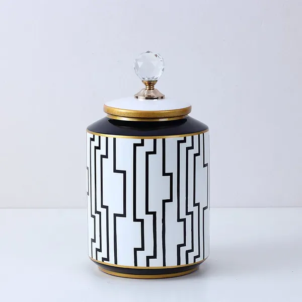 European Simple Style Black Labyrinth Pattern Ceramic Flower Vases With Crystal Lid For Home Decoration photo-2