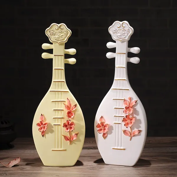 Creative Chinese Classical Cheongsam Lute Yellow White Ceramic Vase For Coffee Shop Decor photo-2