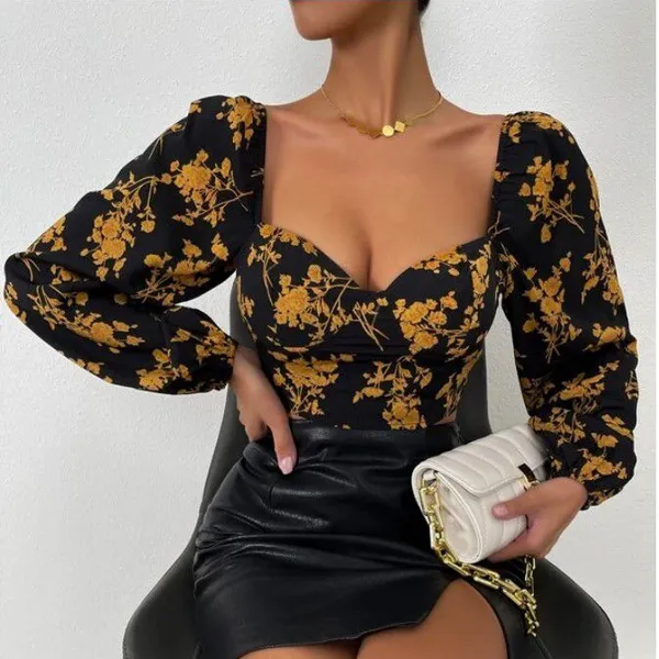 Floral Print Women Long Sleeve Crop Blouse photo-3