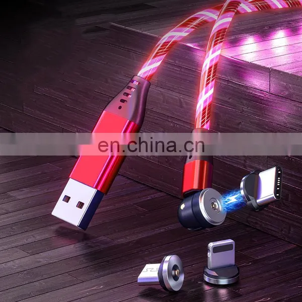 Hot Selling 540 Degree Rotation 3 in 1 Led Flowing Light Magnetic Usb Data Charging Cable For Smartphone photo-5